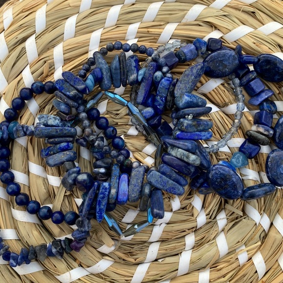 Natural Dark Blue Lapis Lazuli & Sodalite Gemstone Mixed Bead Bracelet Stack - Picture 7 of 12